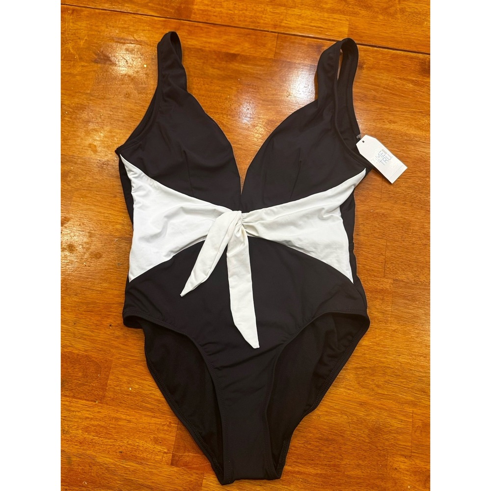 Time and Tru Womens Black White Bow One Piece Swimsuit M 8-10 NWT